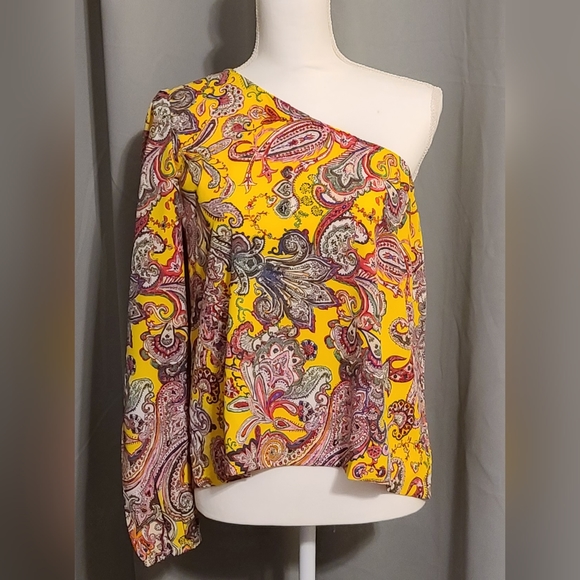 NWOT Paisley One Shoulder Long Sleeve Yellow Top Size XL - Picture 2 of 7